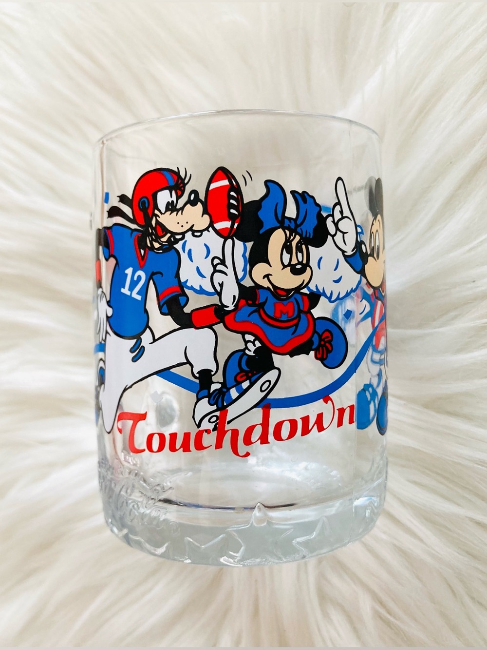 Vintage 80s Walt Disney x Coca-Cola Touchdown Glass Mug Mickey Minnie Goofy